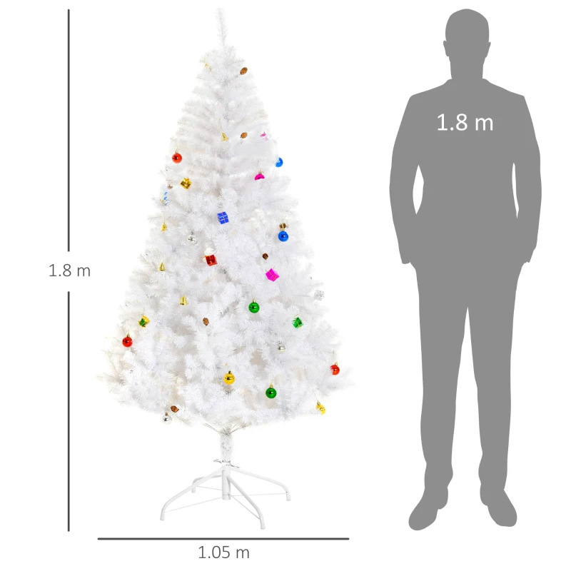 HOMCOM Albero di Natale Bianco 180cm con Addobbi e 930 Rami, Albero di Natale Innevato Artificiale in PVC