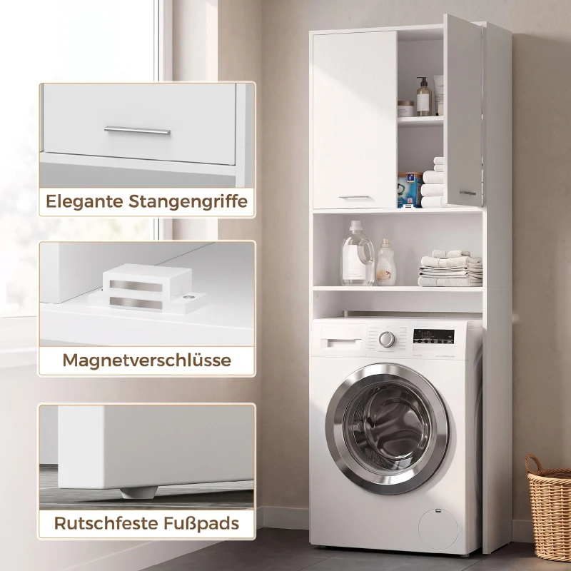 HOMCOM Kast voor boven de wasmachine, hoge badkamerkast met 2 deuren en open vak, 66 x 24 x 191 cm, wit