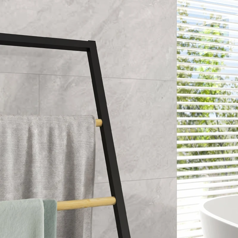 HOMCOM Suport pentru prosoape cu 4 bare din oțel și bambus, 40.5x28x98cm, negru și culoare lemn