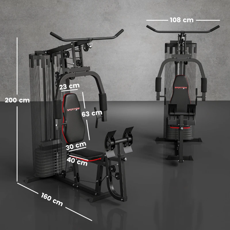 SPORTNOW Thuis Fitnessstation met 45 kg Gewichtsblokken, Lat Pulley, Borststation, Beinpresse voor Veelzijdige Training