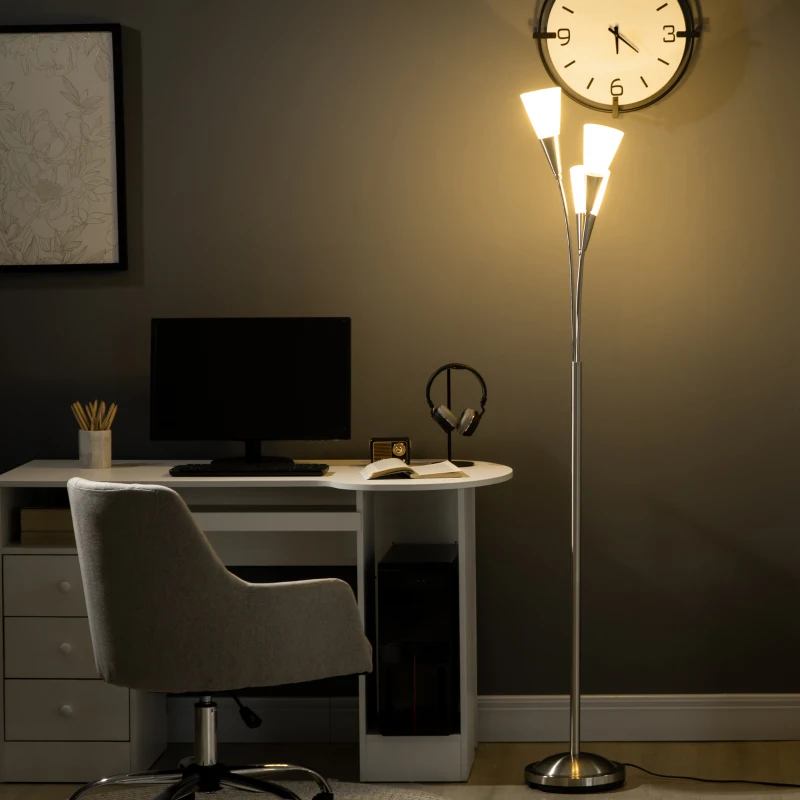 HOMCOM Modern Standing Lamp, 3-Light Upright Floor Lamps for Living Room, Silver Tone