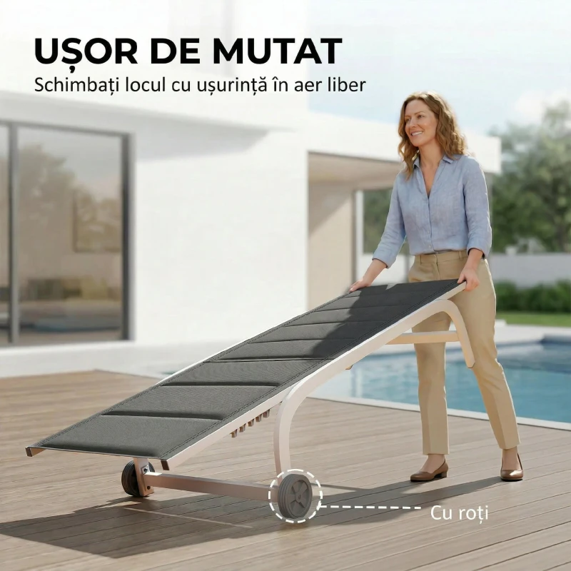 Outsunny Șezlong cu Roți, Spătar Reglabil, Cadru din Aluminiu, Cu Capitonare, Greutate Maximă 120 kg, Alb