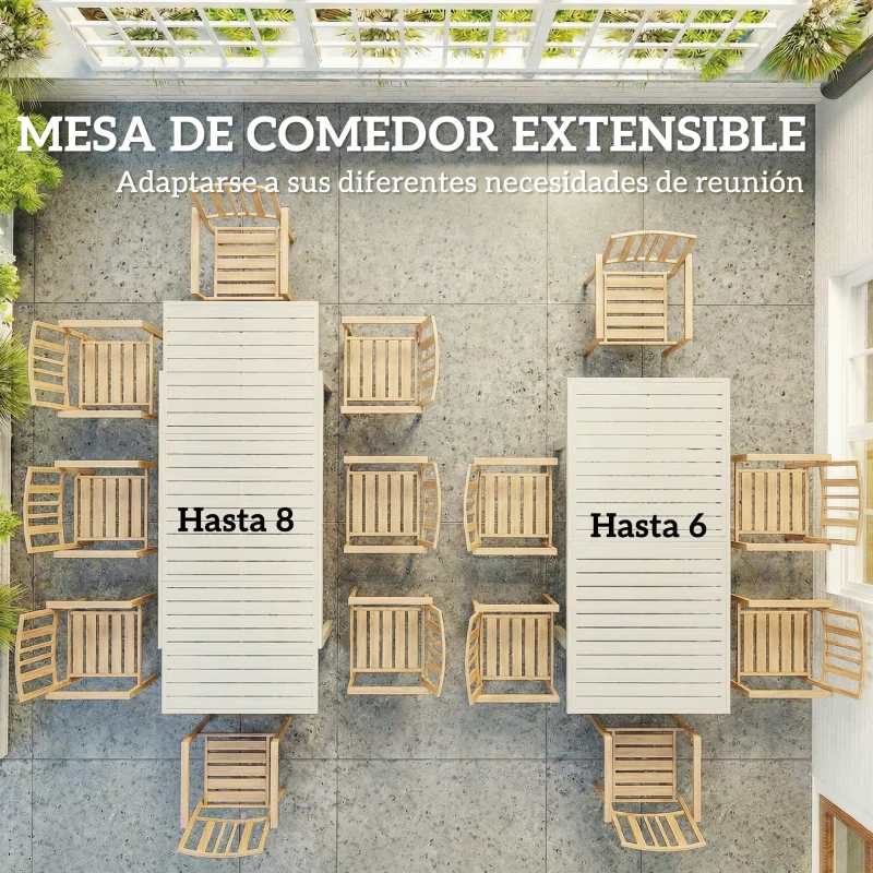 Outsunny Mesa de Jardín Extensible 150/225x85x75 cm Mesa de Comedor de Aluminio con Tablero de Listones para 6-8 Personas Blanco