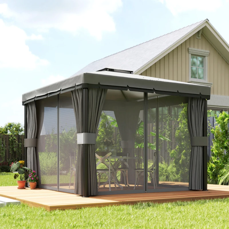 Outsunny Gazebo ca. 3x3m Waterafstotend Stabiel Winterbestendig Tuinpaviljoen met Dubbel Dak Rits-Muggennetten