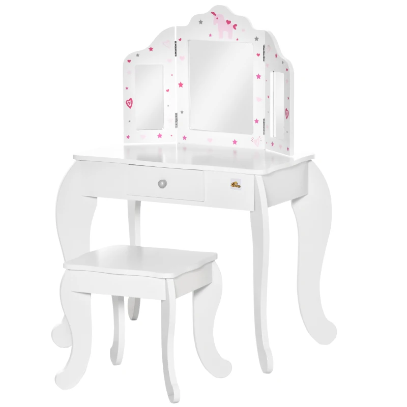HOMCOM Toeletta per Bambini con Sgabello, Tavolo Trucco con Triplo Specchio e Cassetto, 63x40x85.5cm, Bianco