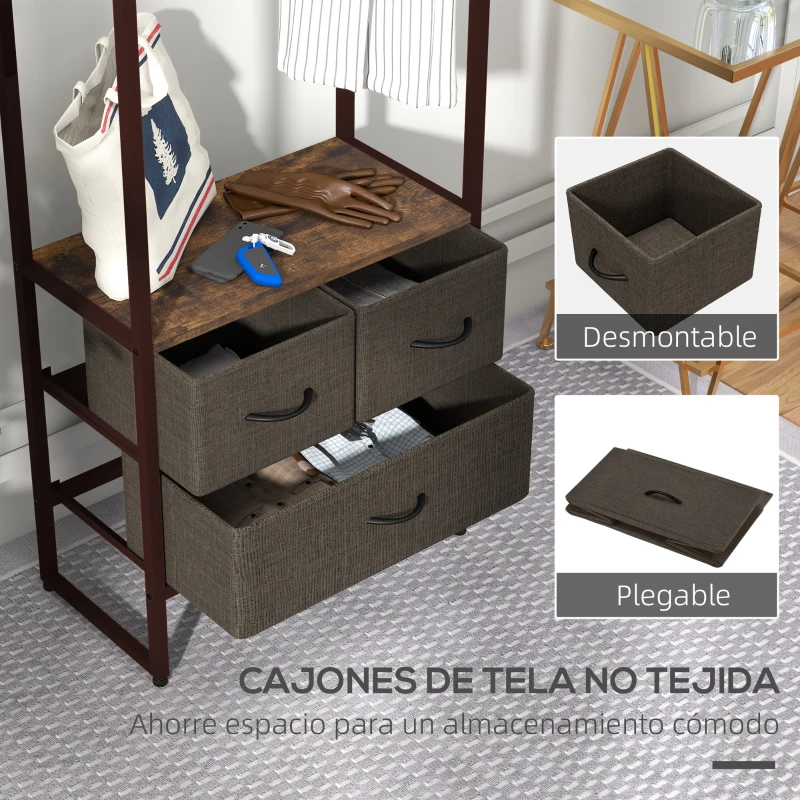 HOMCOM Perchero para Ropa Perchero Recibidor con 3 Cajones de Tela y Estante de Almacenamiento 58,5x30x178 cm Marrón Rústico