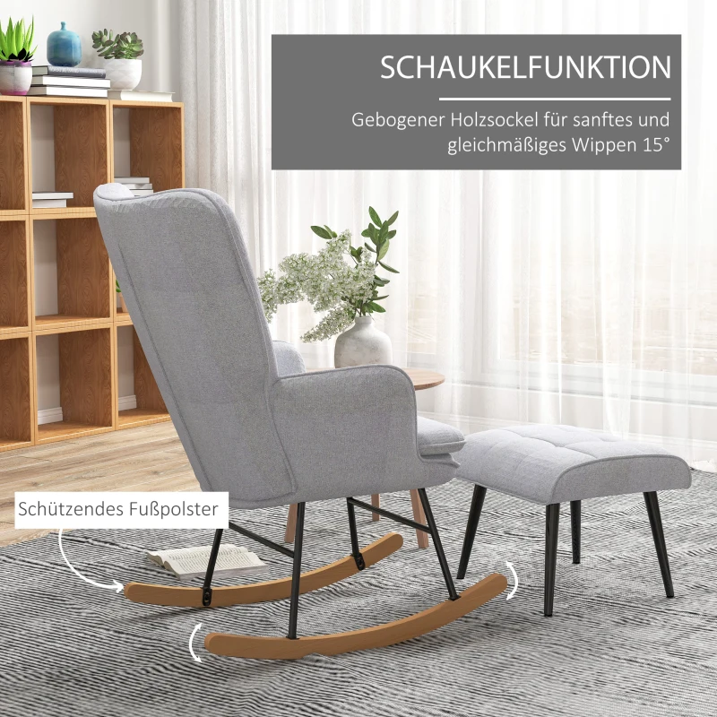 HOMCOM Schommelstoel met Voetenbank, Comfortabel, Tot 130 kg, Linnenlook, 64x89x90cm, Lichtgrijs