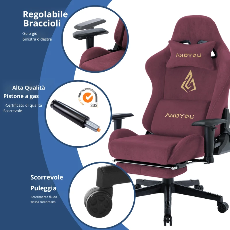 Sedia da gaming con poggiapiedi, in similpelle scamosciata traspirante, regolabile in altezza con molla a gas, girevole, 70x70x135 cm, Rosso