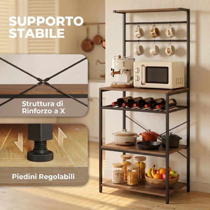HOMCOM Scaffale Cucina a 5 Livelli Stile Industriale con 6 Ganci e Portabottiglie, Noce