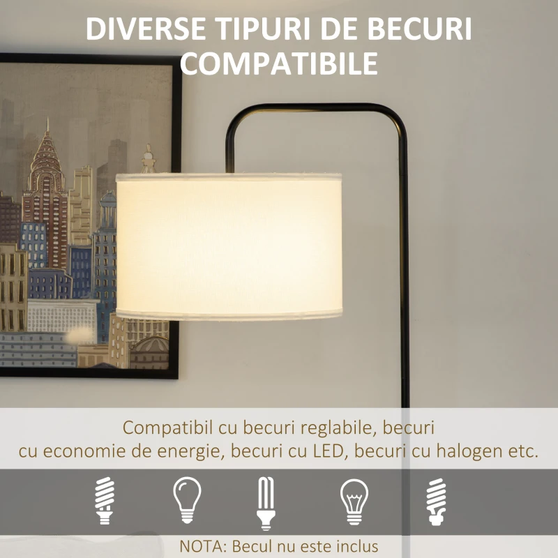HOMCOM Lampadar Modern din Oțel cu Abajur din Țesătură cu Aspect de In, 64x38x163,5 cm, Alb și Negru