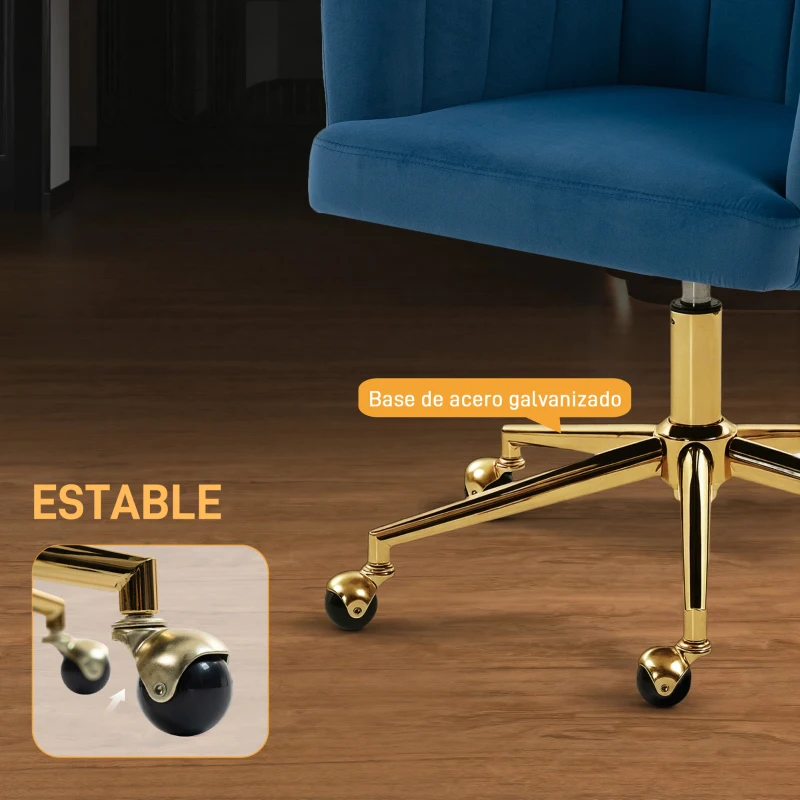 HOMCOM Silla de Oficina con Ruedas de Terciopelo con Respaldo Acolchado Altura Ajustable Espuma Alta Resiliencia Azul