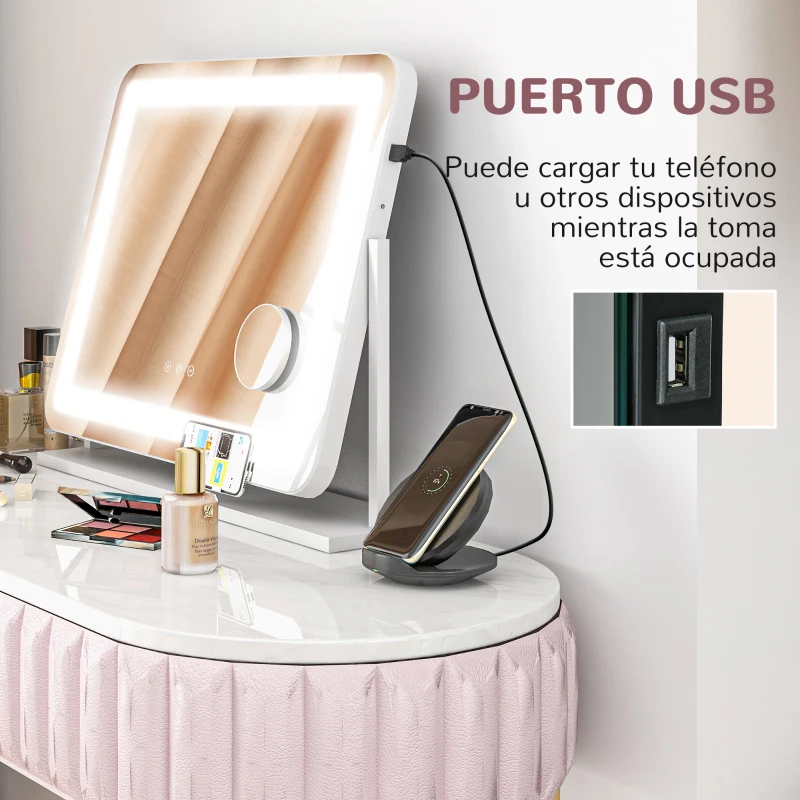 HOMCOM Espejo de Tocador Giratorio 58x46 cm con 3 Modos de Iluminación Ajustables Interruptor Táctil Espejo de Aumento Blanco