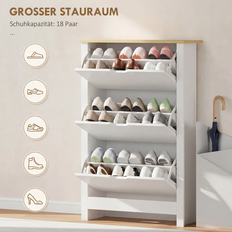 HOMCOM Schoenenkast Schoenenrek Schoenenopslag, 3 vakken, 18 paar schoenen, 72 cm x 26 cm x 112 cm, Wit + Bruin(m-4)