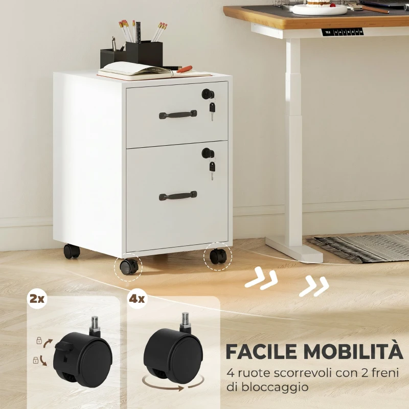 HOMCOM Schedario da Ufficio con 2 Cassetti, Ruote a Freno, Cassettiera Scrivania per Lettera/Formato A4, 40x40x54.1 cm, Bianco