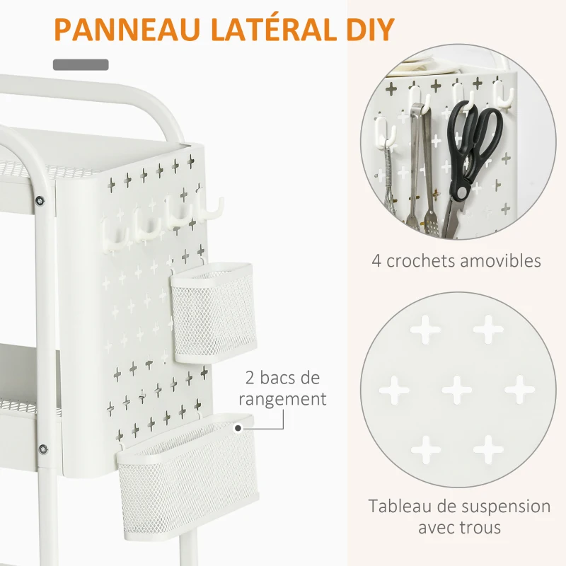 HOMCOM Desserte chariot de rangement en métal chariot de service à roulettes 3 niveaux avec 2 range-couverts 4 crochets