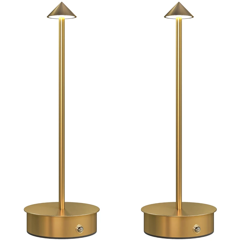 HOMCOM Juego de 2 Lámparas de Mesa LED Recargables con USB y Control Táctil y Luz Regulable Ø10x30 cm Dorado