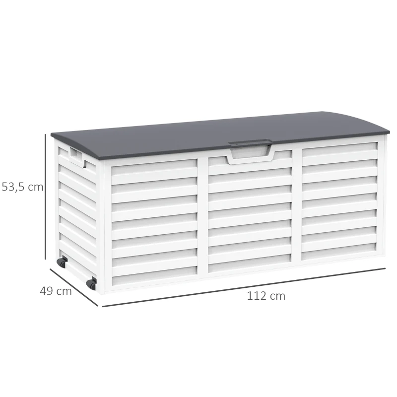 Outsunny Coffre de Jardin Malle de Rangement dim. 112L x 49l x 53H cm 2 roulettes polypropylène texturé Imitation Lattes de Bois Blanc Gris