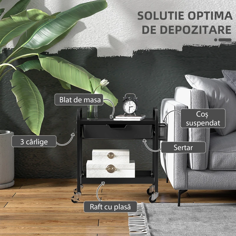 HOMCOM Servantă de bucătărie cu coș, sertar extensibil și 3 cârlige, din PP și metal, 61x32.6x58.5 cm, negru