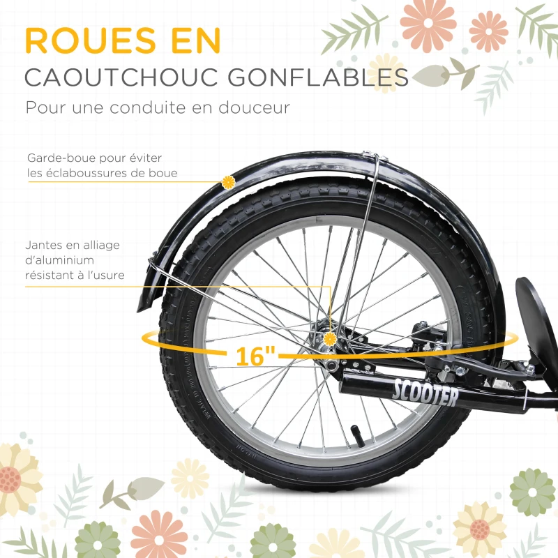 HOMCOM Trottinette patinette Enfant Grandes Roues pneumatiques Guidon réglable Frein AV-AR Garde-Boue béquille Panier métal Jaune Noir