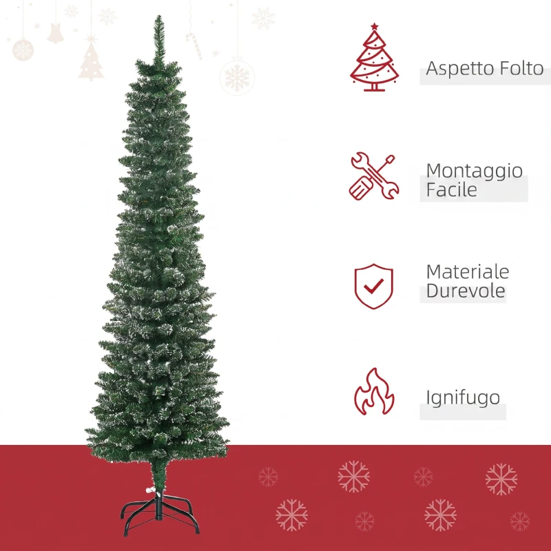 HOMCOM Albero di Natale Innevato Slim con 443 Rami, Base Rimovibile e Pieghevole, Ø48x165cm, Verde
