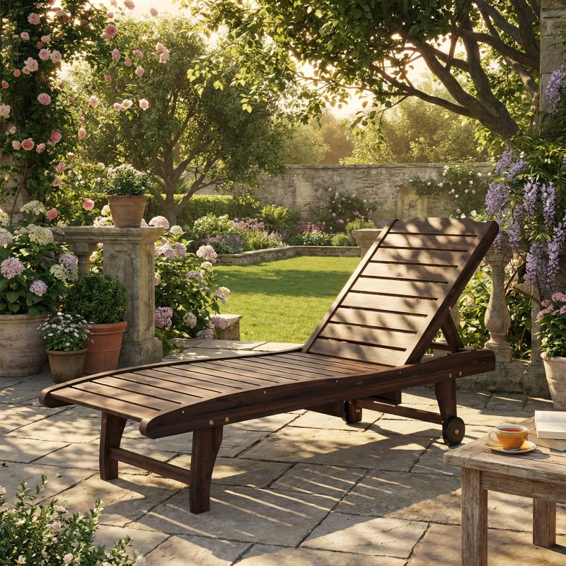 Outsunny Outdoor Wooden Sun Lounger with Built-In Table, Carbonised Finish