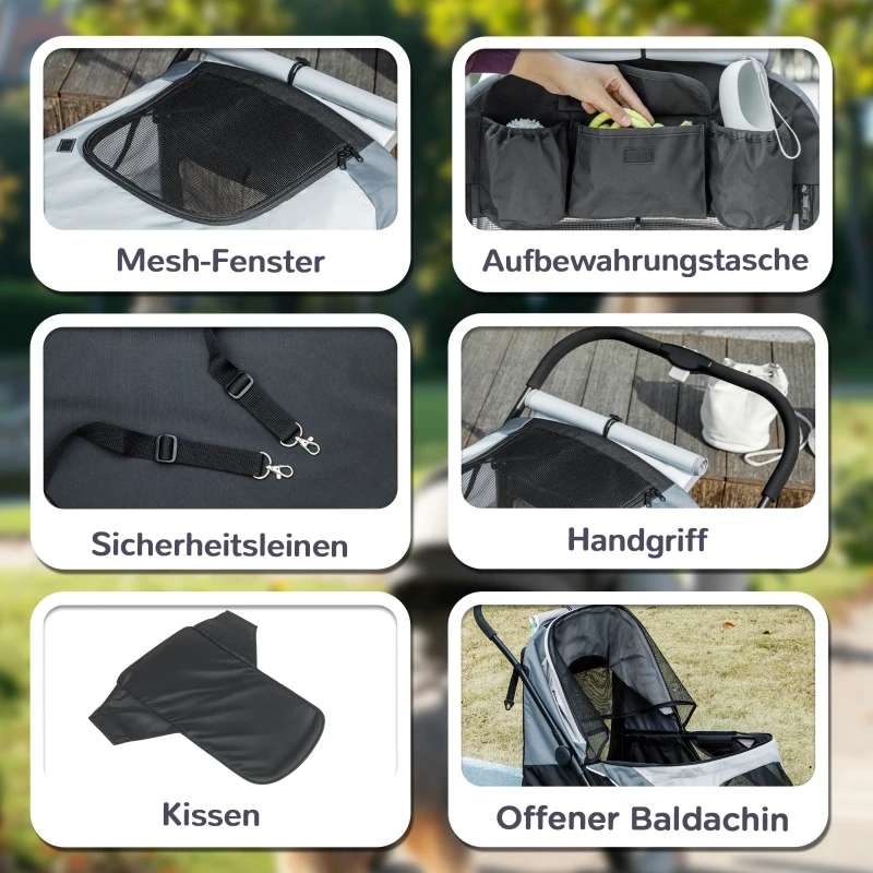 PawHut Hondenwagen, opvouwbare hondenbuggy voor middelgrote honden, dierenwagen met 4 wielen, veiligheidslijnen, remmen, grijs(m-7)
