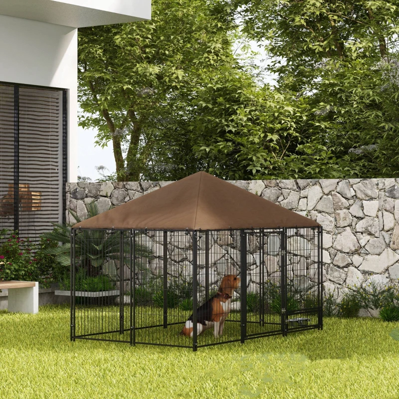 PawHut Țarc pentru câini din metal și material Oxford cu ușiță pentru boluri, 211x141x151 cm, negru și maro