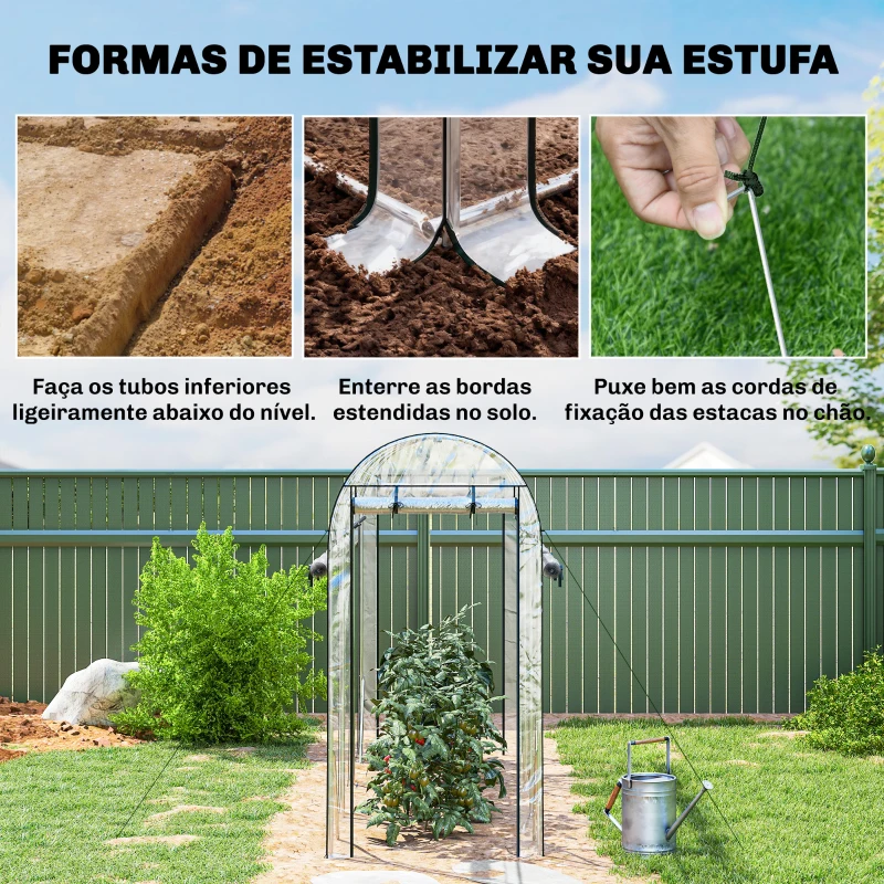 Outsunny Estufa Tipo Túnel 3x1x2 m com 8 Portas Enroláveis e Estrutura de Aço Galvanizado Anti-UV Transparente