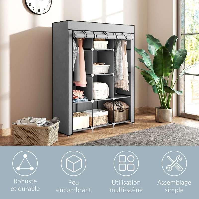 HOMCOM Armoire penderie multi-rangement - 8 étagères, 2 barres - non tissé gris clair