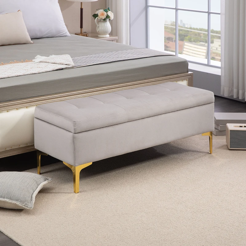 HOMCOM Panca Contenitore Fondo Letto con Tessuto Vellutato e Gambe Dorate, 120x44x44.5cm, Grigio Chiaro