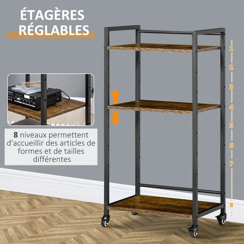 HOMCOM Chariot de Service étagère sur roulettes Support d'imprimante Mobile avec 3 étagères en Bois et métal - dim. 50L x 35l x 100,5H cm