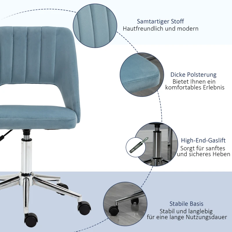 Vinsetto kantoorstoel draaistoel bureaustoel in hoogte verstelbaar 360° draaibaar schelpvorm met naadlijn design schuimstof fluweelzacht polyester blauw 49 x 54 x 79-91 cm