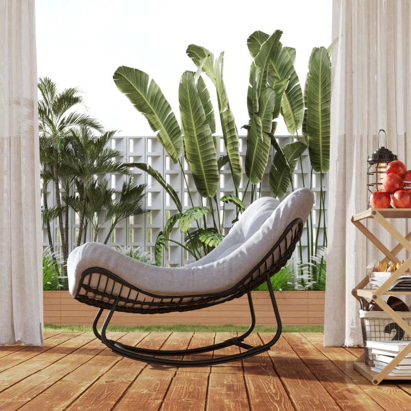 Outsunny Rattan Schommelstoel Tuinbank met Stalen Frame en Kussen Schommelbank 98 x 111 x 74 cm Grijs