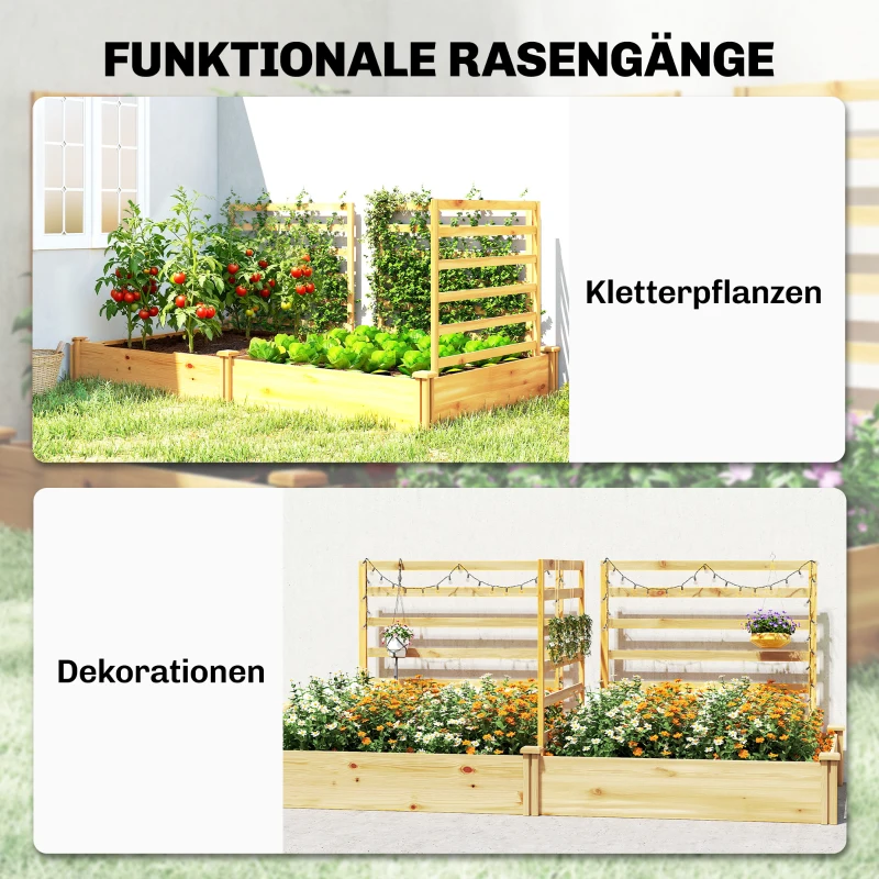 Outsunny Hoogbed met klimrek houten plantenbak met 3 klimrekken, scheidingswand en open bodem, 240 x 125 x 102 cm, naturel