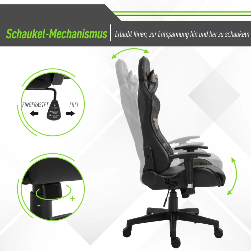 Vinsetto massage bureaustoel, gaming stoel, ergonomisch, kunstleer, schuim, nylon, zwart, camouflage, 64 x 69 x 120-127 cm