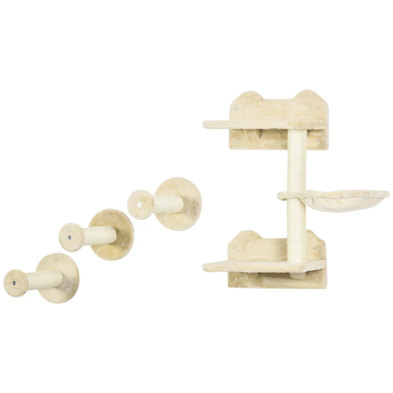 PawHut klimtrappen, klimmuur, kattentrap, 4 stuks Set, met krabpaal, hangmat, beige+roomwit, 40 x 28 x 73 cm