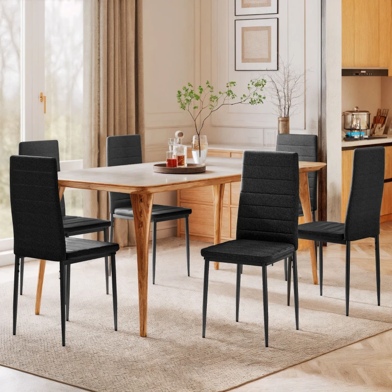 HOMCOM Pack de 6 Sillas de Comedor Modernas Tapizadas en Lino Sintético con Respaldo Alto y Patas de Metal 41x50x97 cm Negro