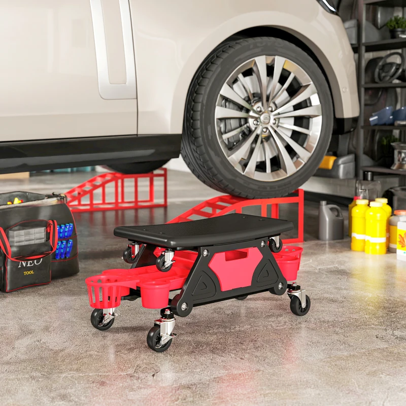 HOMCOM Werkplaatskruk met Afneembare Zitting en Wielen, Opbergruimte, 33cm Hoog, Tot 135 kg, Rood