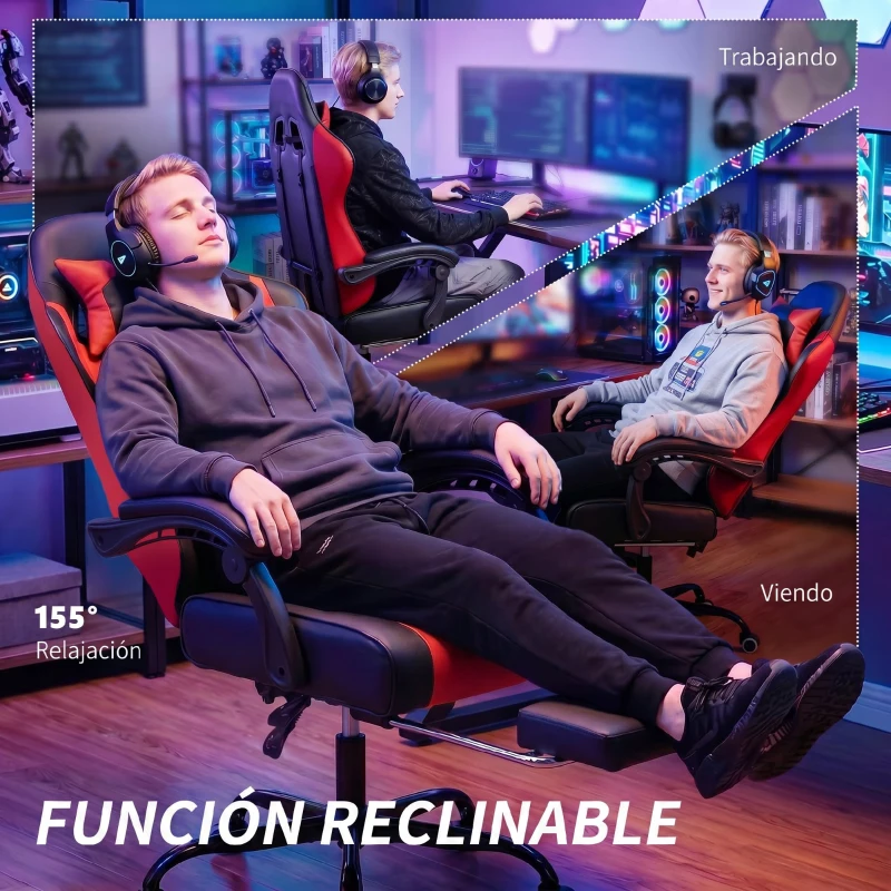 HOMCOM Silla Gamer con Lumbar Masaje Vibración Reclinable 155° Altura Ajustable Reposacabezas y Reposapiés Retráctil Rojo