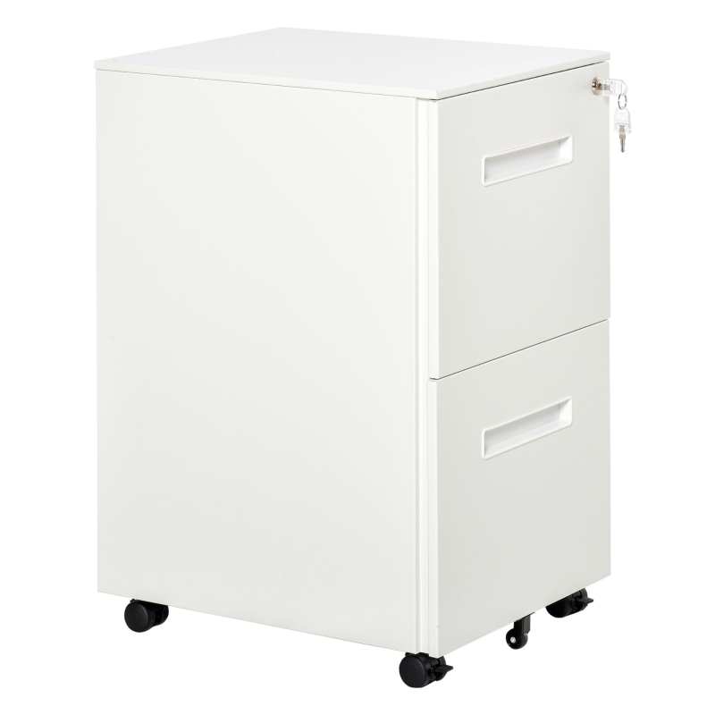 Vinsetto Cassettiera Ufficio con Ruote, Schedario Portadocumenti a 2 Cassetti con Serratura e 2 Chiavi in Acciaio, 39x48x67cm, Bianco