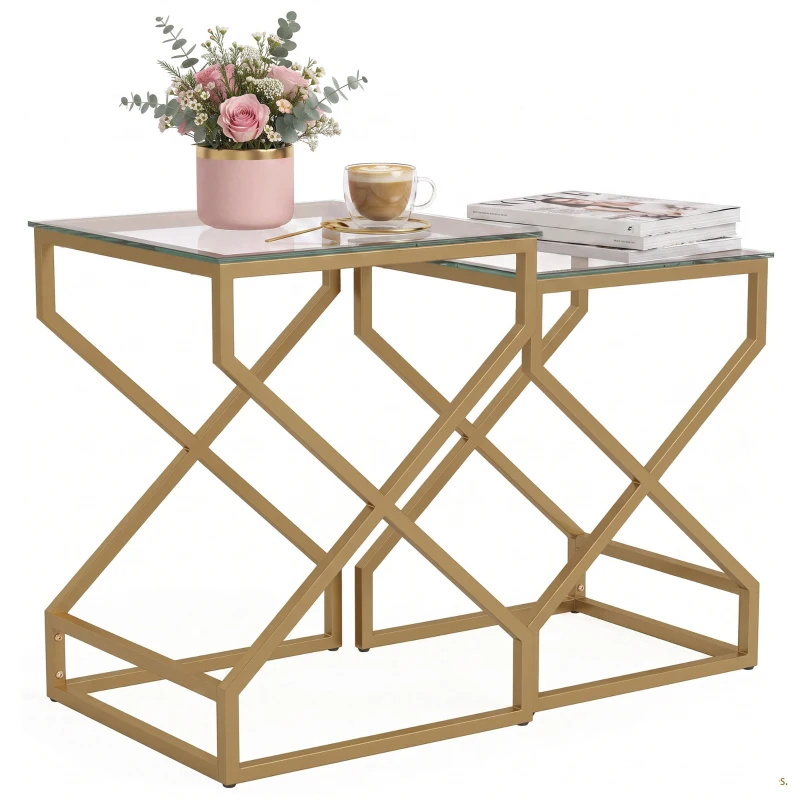 HOMCOM Nest of Tables, Side Table Set of 2 with Transparent Top, Coffee Table Set with Tempered Glass Top, Transparent