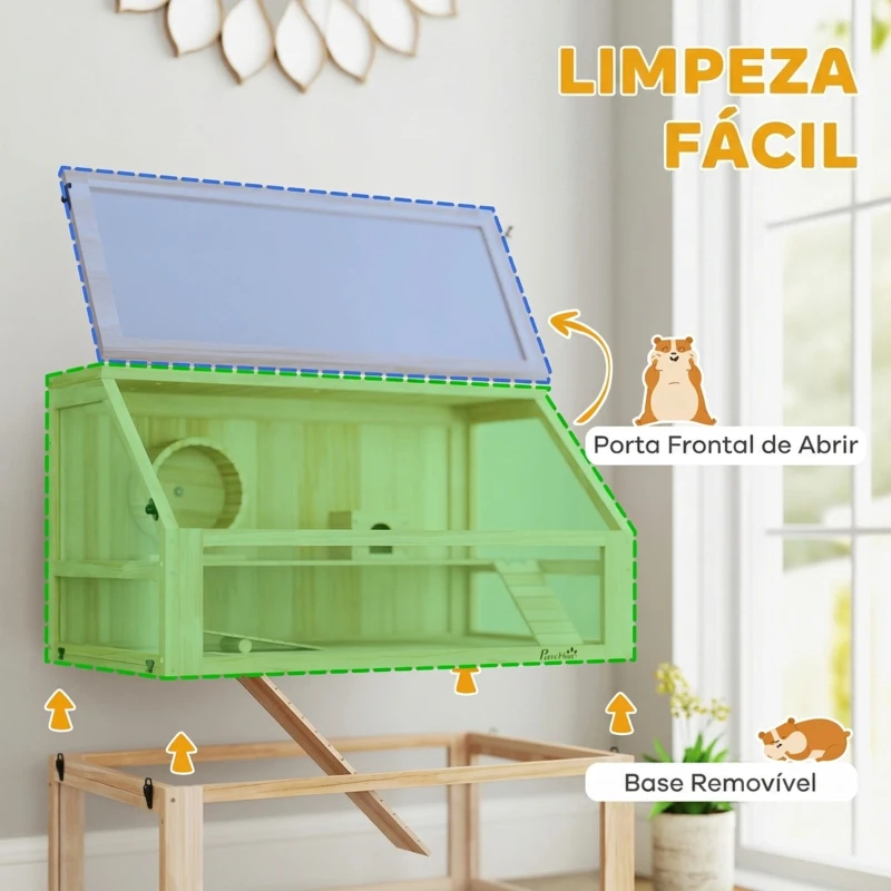 PawHut Gaiola para Hamster em Madeira com 3 Níveis, Base Funda Desmontável, Baloiço, Roda de Exercício, Rampas, Casinha, Natural