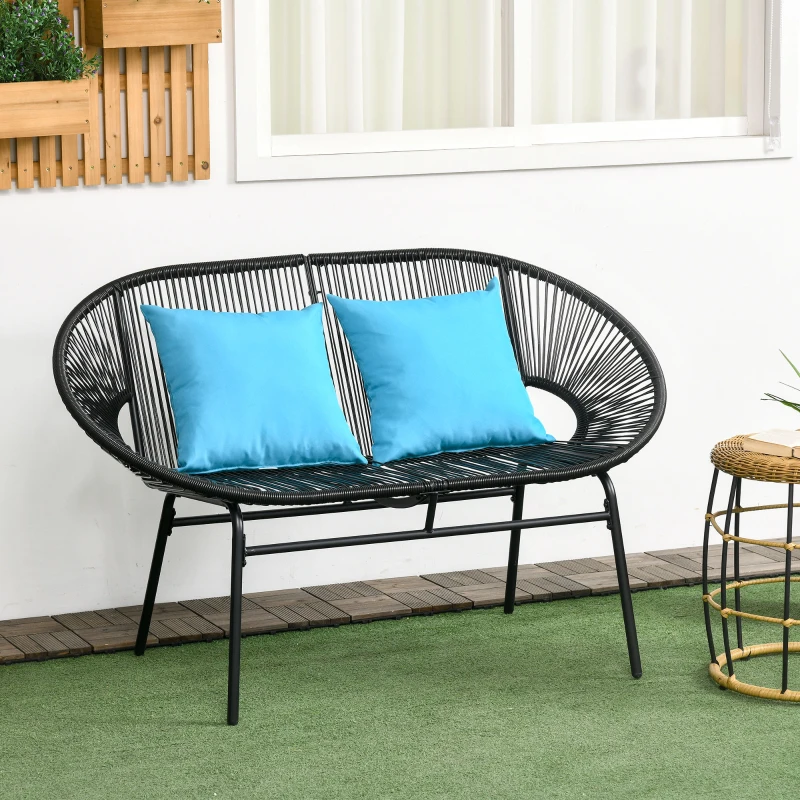 Outsunny Divano da Giardino 2 Posti in Rattan PE e Acciaio con Cuscini e Braccioli, 132x72x83 cm, Nero