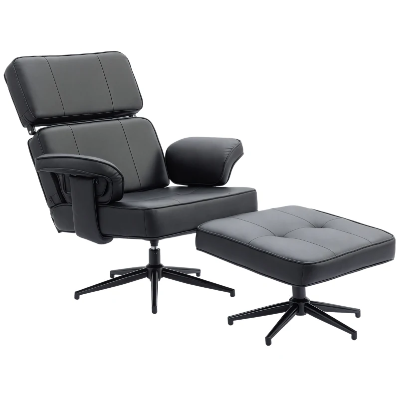 HOMCOM Verstelbare ligfauteuil met voetkruk, kunstleren bekleding, in hoogte verstelbare hoofdsteun, metalen basis, zwart