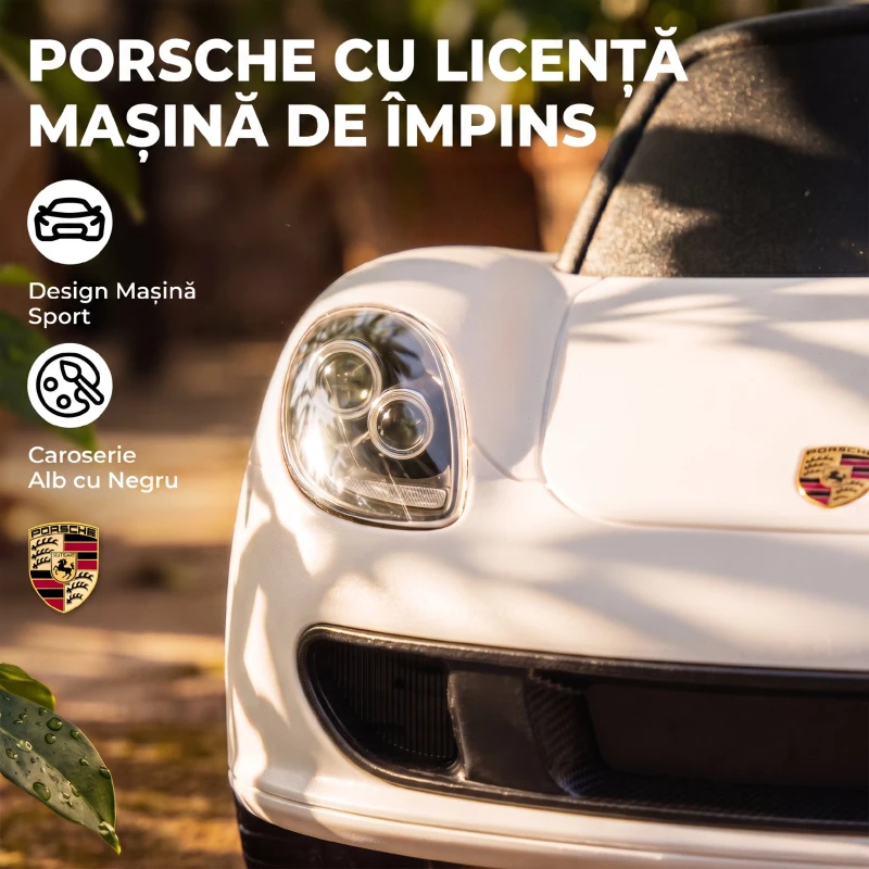 AIYAPLAY Mașinuță de Împins pentru Copii cu Licență Porsche, Claxon, Faruri și Sunet de Pornire, PP, Alb