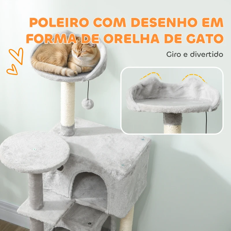 PawHut Arranhador para Gatos com Múltiplas Plataformas Cama 2 Cavernas Rede Escada Postes de Sisal 48x48x140 cm Cinzento Claro