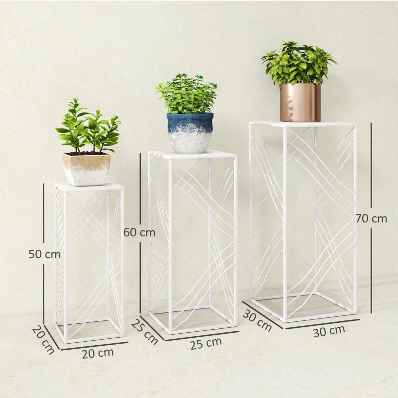 Outsunny 3-delige set plantenstandaards, 50/60/70 cm hoog, stapelbare plantenrekken van metaal, wit