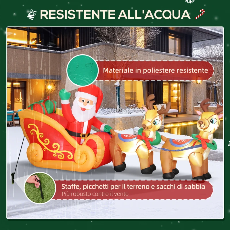 Outsunny Babbo Natale Gonfiabile con Slitta e Renne da 2.4m con 6 Luci LED e Gonfiatore per Esterni e Interni