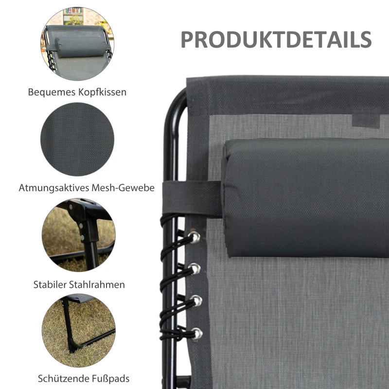 Outsunny Ligstoel, Opvouwbare Ligstoel met Nekkussen, Stalen Frame, Netstof Bekleding, 120 kg Draagvermogen, Grijs