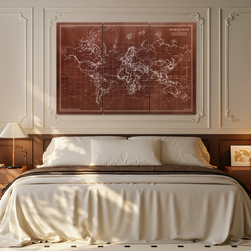 HOMCOM Cuadros en Lienzo Trípticos Mapamundi Vintage a Mano 120x60 cm con Marco de Madera Decoración para Dormitorio Marrón